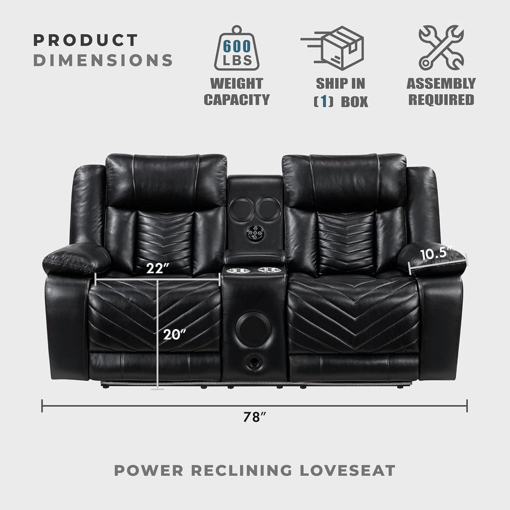 Lexicon Wall Hugger Power Double Reclining Loveseat with Console, Faux Leather Home Theater Seating with LED Lighting