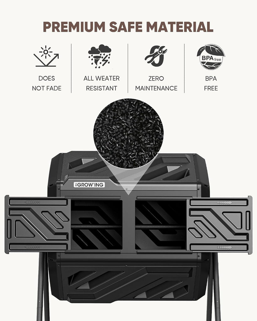 THE Growing 43 Gal Outdoor Compost Bin Tumbler for Backyard Garden, Black | Twin 21.5gal heat-absorbing chambers.
