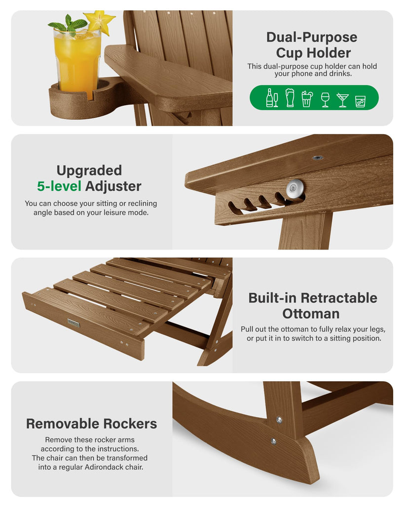 Adirondack Rocking Chairs Set of 2, with Footrest, 5-Level Adjustable