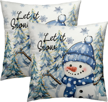 Winter Throw Pillow Covers 18x18 Inch Snow Snowman Pine Trees Holiday Cotton Hidden Zipper Pillowcases - Set of 2