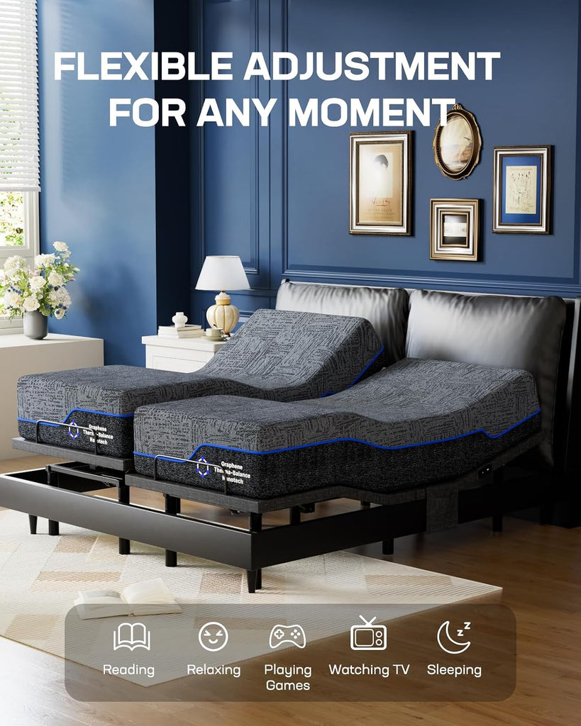 NS1 Queen Adjustable Bed Base with Massage- Smart Dual Motor Bed Frame with Wireless Remote, 3-Min Assembly, Zero