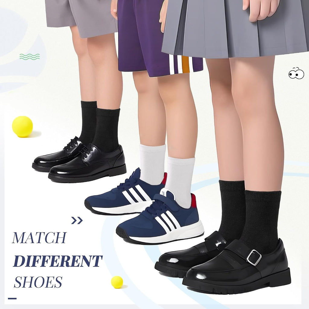 Unisex Little Kids Youth Boys Girls Socks Soft Cotton Dress School Uniform Seamless Black White Crew Sock 10 Pairs