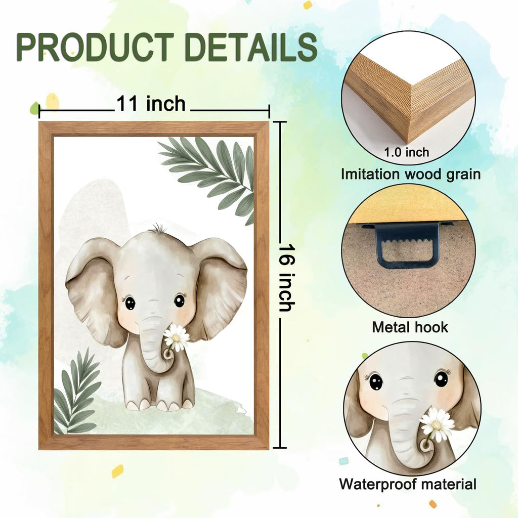 3 Set Safari Nursery Wall Decor, 11x16 Inch Framed Cute Giraffe Elephant Tiger Print Sign, Jungle Theme Cartoon