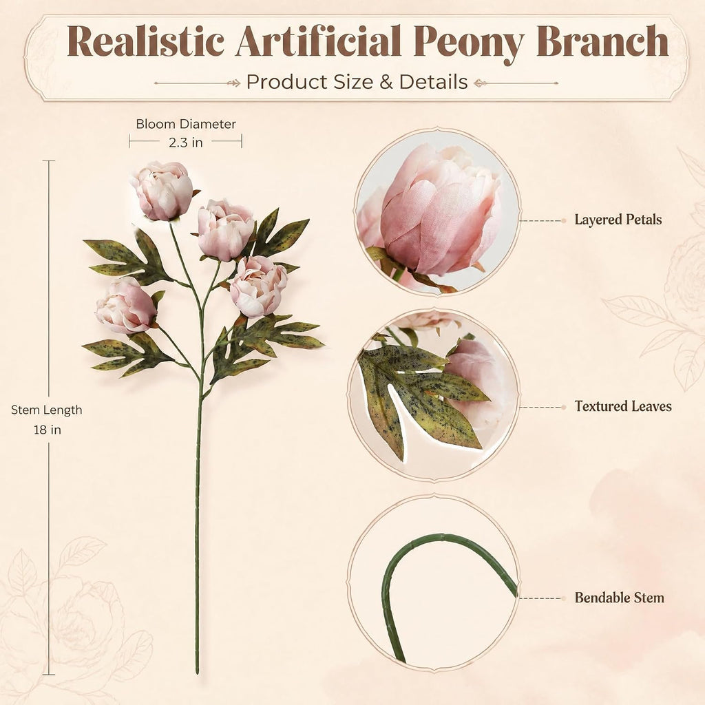 Silk Peonies Artificial Flowers Stems for Vase, Brownish Dusty Pink - Set of 6