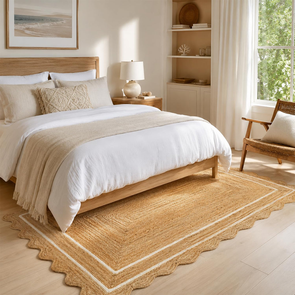 Jute Area Rug Natural Wave Scallop Ivory Border Handmade Rug