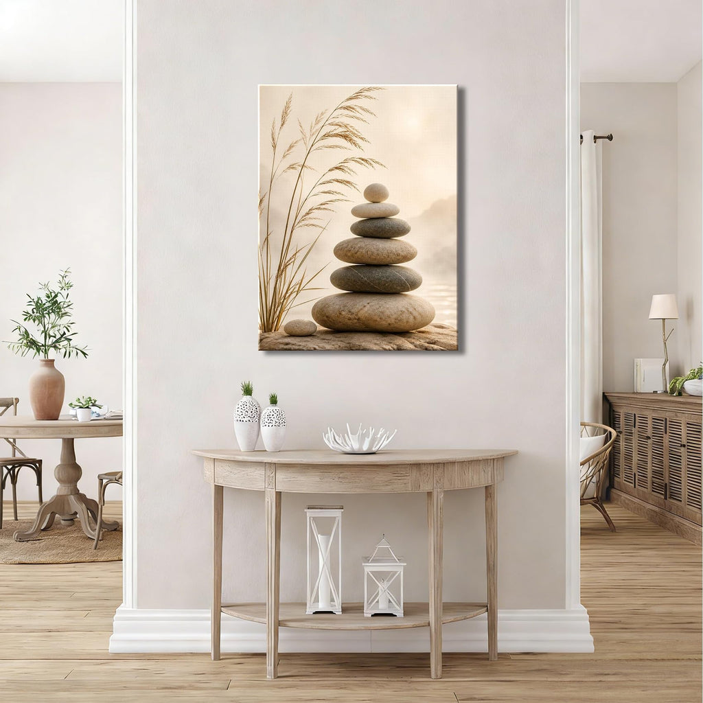 Framed Warm Tone Balancing Rocks Canvas Wall Art, Misty Lakeside Zen Landscape Canvas Prints Pictures, soothing wall