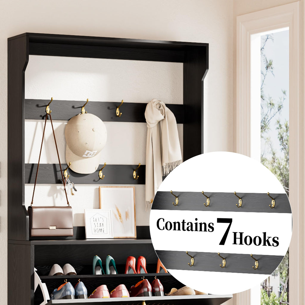 Shoe Storage Cabinet with 3 Fluted Flip Drawers & Coat Rack, Black