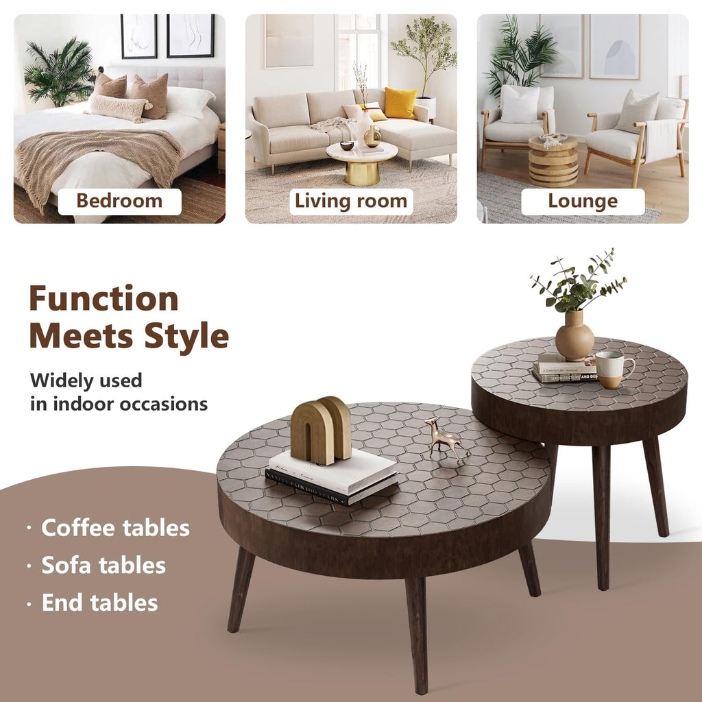 Round Coffee Table Set of 2, Nesting Tables with Honeycomb Pattern, Modern End Table, Farmhouse, Brown