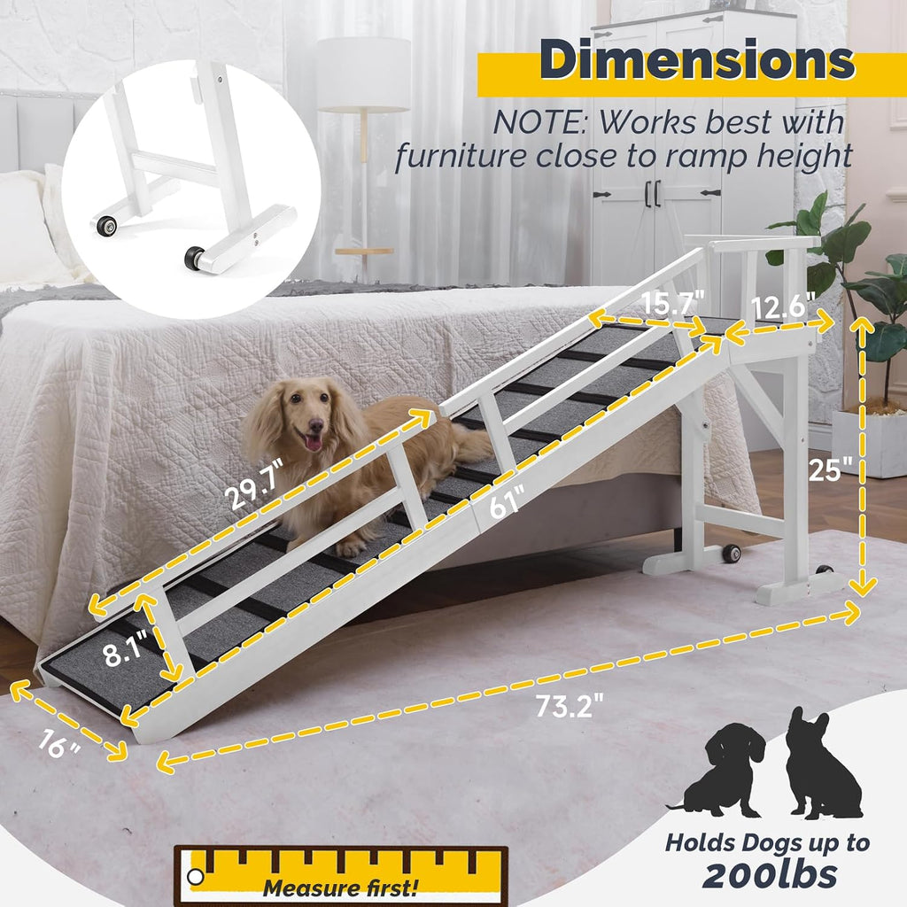 Dog Ramp for Bed or Couch, Wooden Pet Ramp with 20° Gentle Slope, Removable Side Rails, Non-Slip Surface, Top