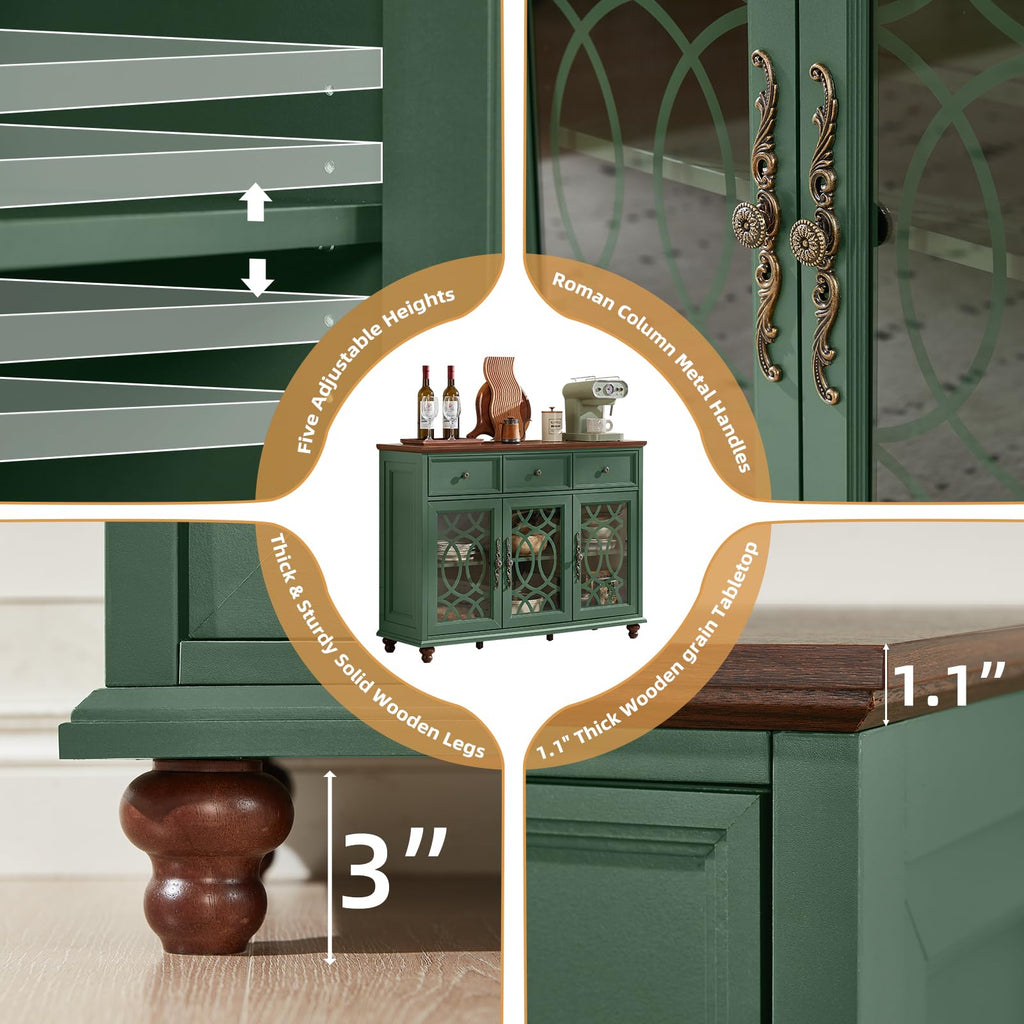 Large Sideboard Buffet Cabinet with Storage, 48" Credenza with 3 Glass Doors & 3 Drawers, Adjustable Shelves Coffee