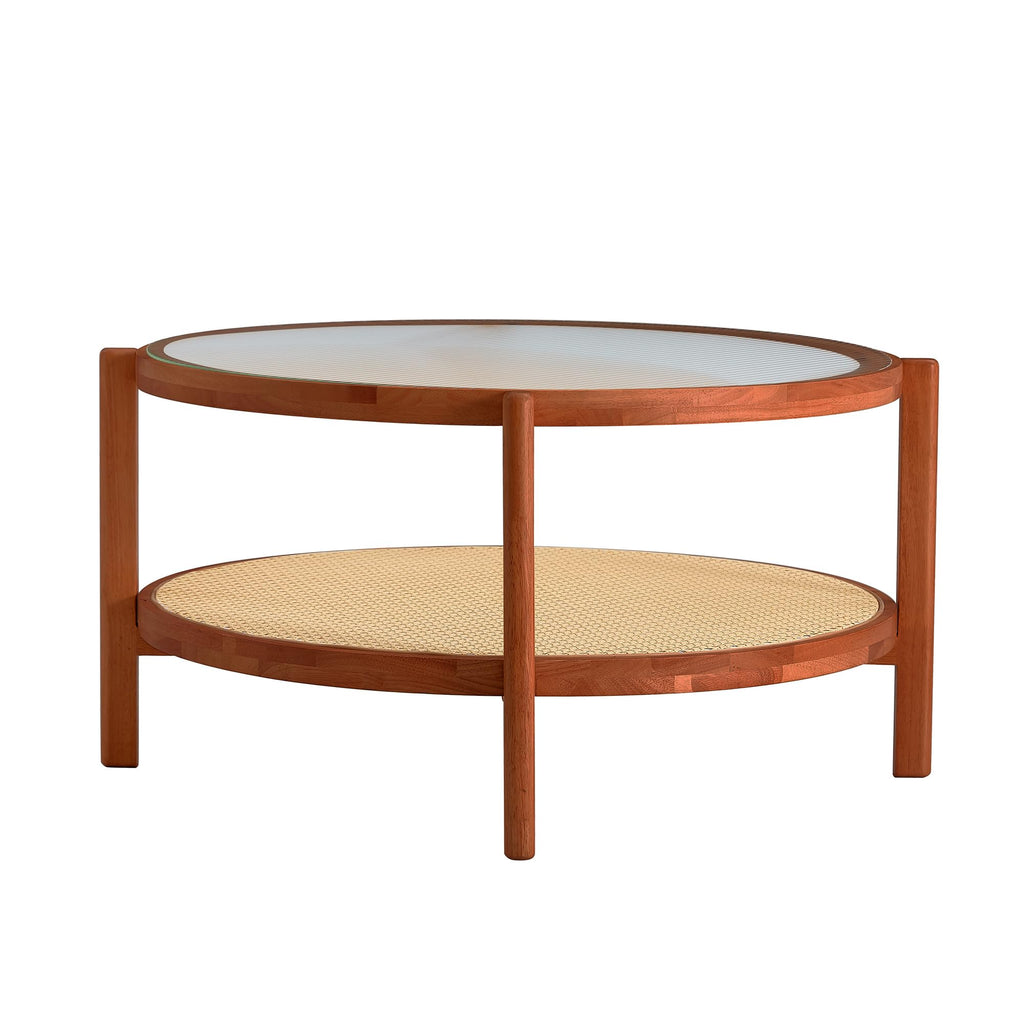 Chinese Style Coffee Table, 34.64" Log Style Faux Rattan Round Double-Layer Solid Wood Coffee Table with Craft Glass