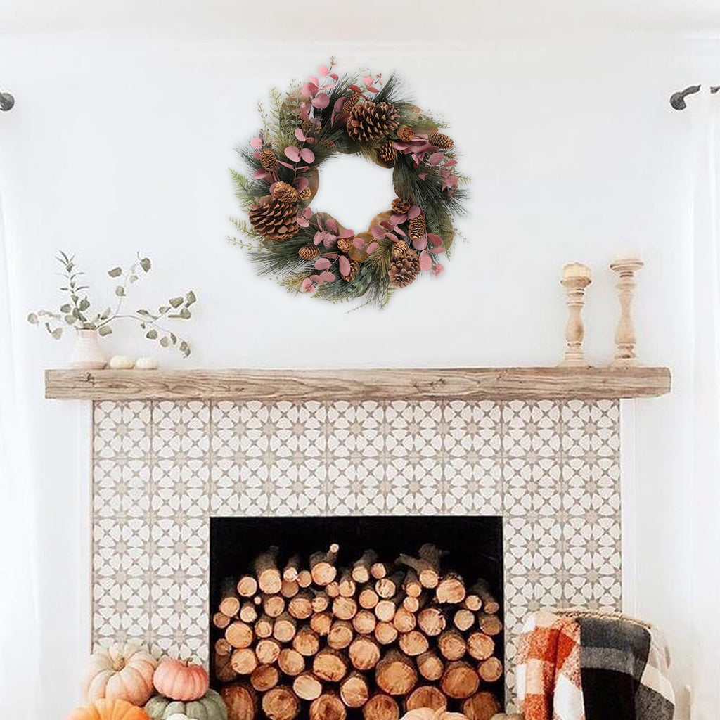 20 inch Winter Wreath Magnolia Leaves Red Eucalyptus Leaves with Pine Needle Pine Cone Wreath for Front Door Harvest
