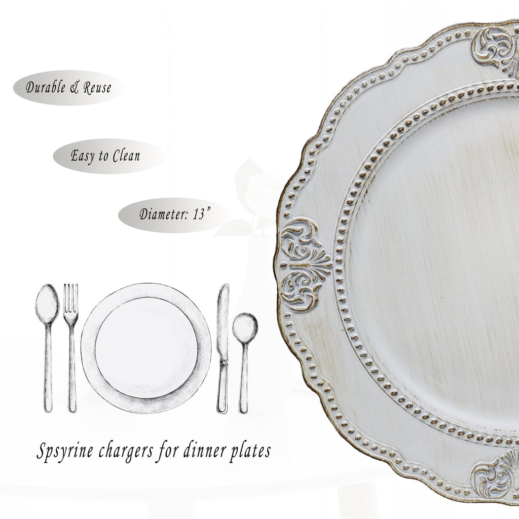 Antique White Charger Plates, Set of 6 Embossed Baroque Chargers for Dinner Plates, Wedding, Party