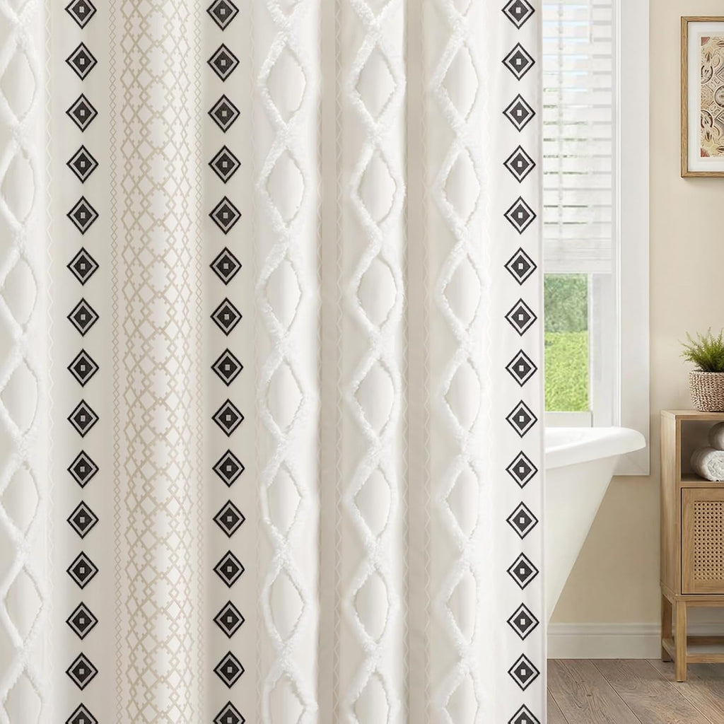 White Boho Cotton Shower Curtain,72" W x 72" L | Cotton Fabric with Striped Print