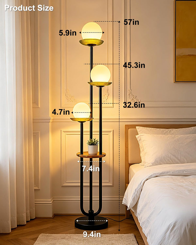 3-Globe Black Floor Lamp Dimmable with Green Glass Tray Tall Lamp