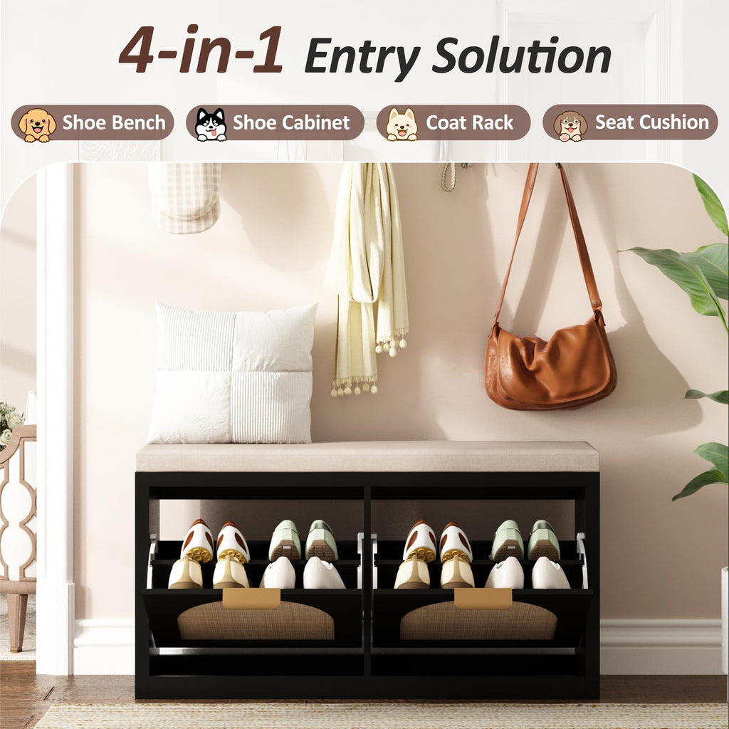 Rattan Narrow Entryway Bench with Shoe Storage, 2 Flip Drawers & Coat Rack, Mid-Century Modern Wood Shoe Cabinet with