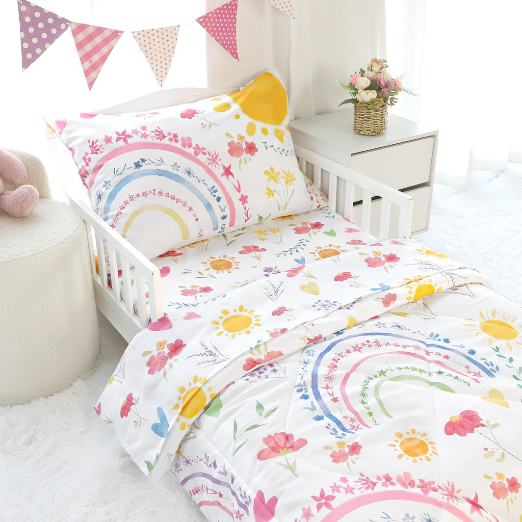 Toddler Bedding Set for Girls, 4 Piece Soft & Breathable Rainbow & Sun Crib Bedding Set, Bed-in-A-Bag Toddler