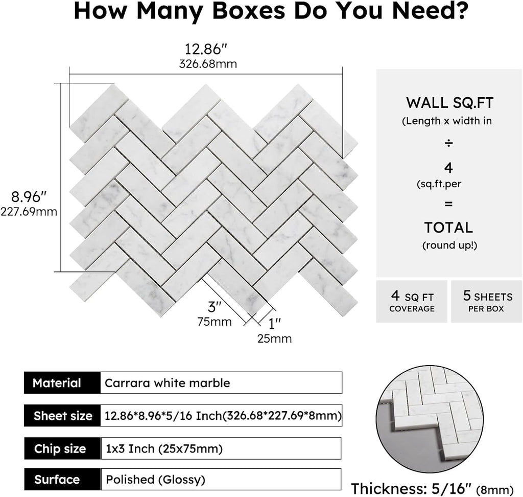 Marble Mosaic Tile, Marble Backsplash Bathroom Wall Floor, Pack of 5 Sheets (White Carrara Polished, 1x3 Inch