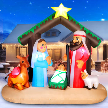 7FT Christmas Inflatable Nativity Scene with Baby Jesus, Parents, Donkey, Sheep, Star, Blow Up Manger Set Indoor &