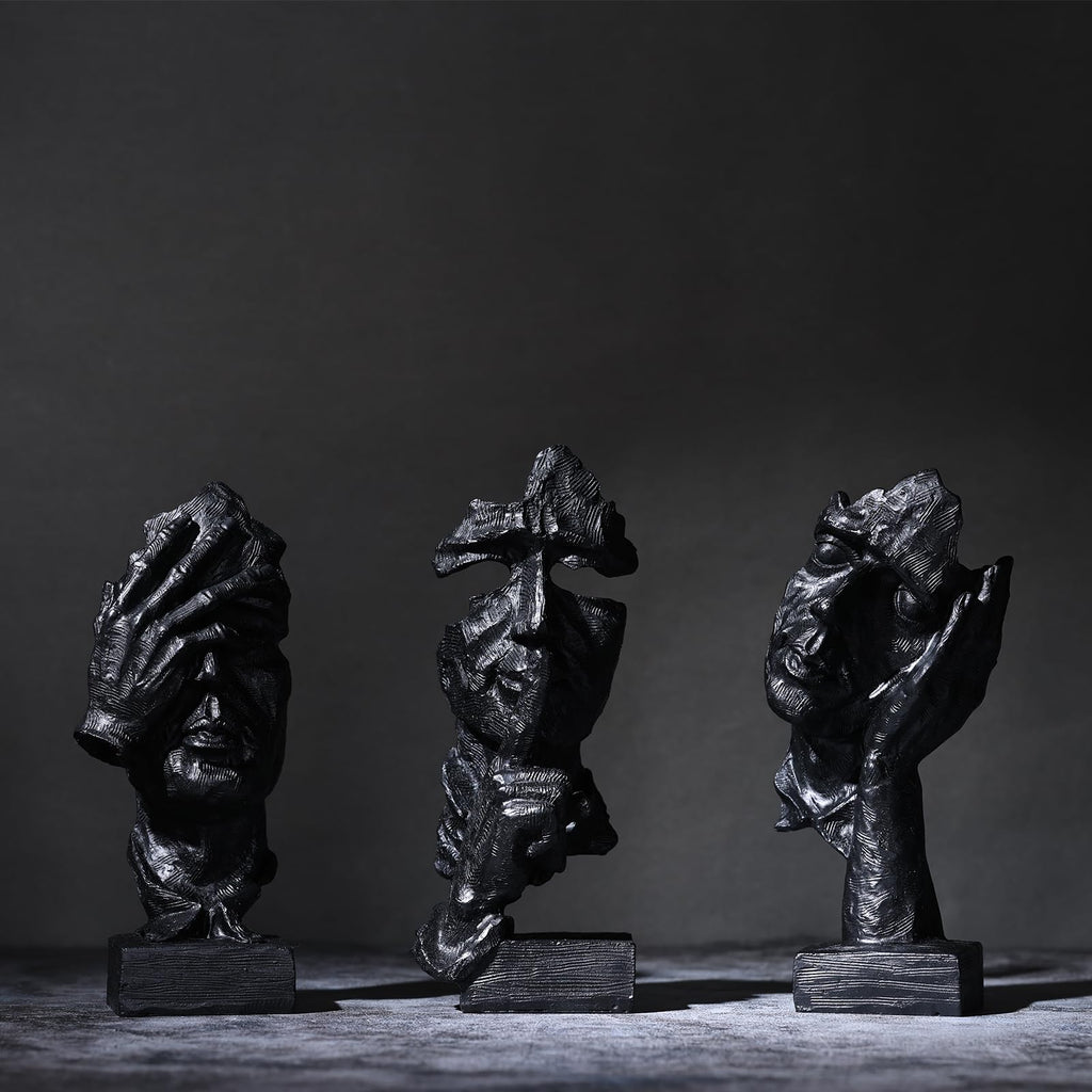 3 Pcs Thinker Statue, Silence is Black Abstract Art Figurine, Modern Home Resin Decorative Objects Decor Bookshelf