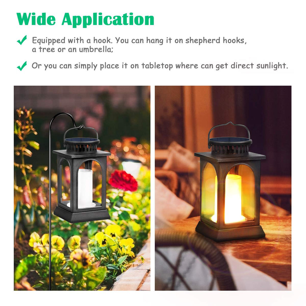Flickering Flame Solar Lights Outdoor Metal Hanging Lantern, 2 Pack