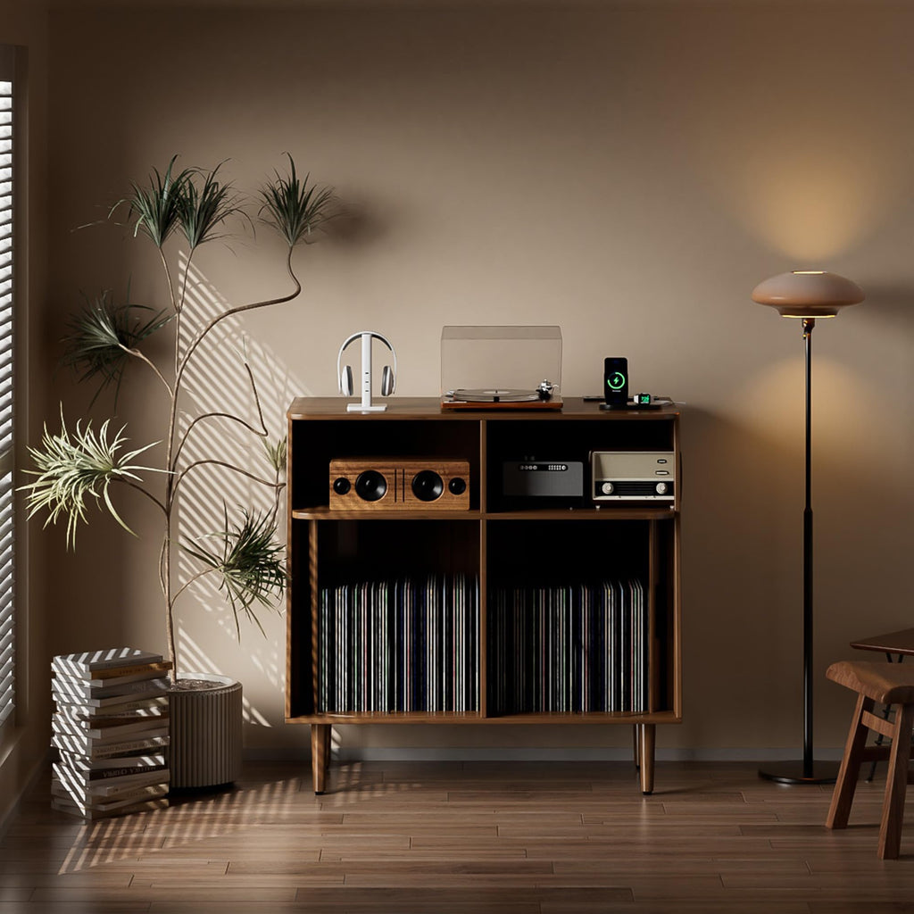 Record Player Stand with Vinyl Storage, Mid Century Modern Vinyl Storage Cabinet with Power Outlet and Sliding Doors