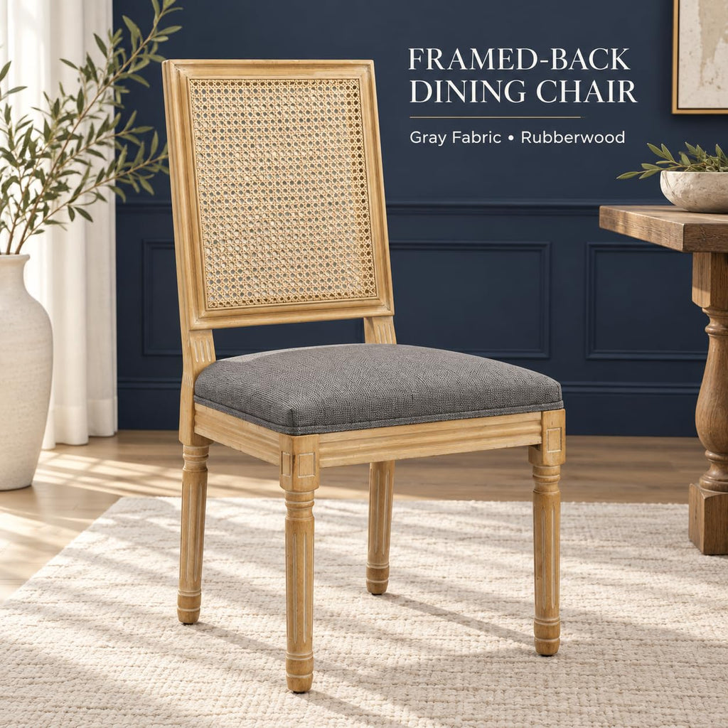 Vintage French Country Dining Chairs Set of 4, Rattan Dining Chairs with Solid Wood Legs, Gray Upholstered Chair with