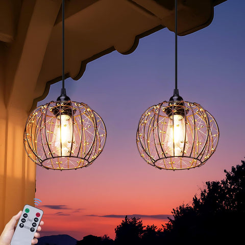 Battery Operated Hanging Outdoor Chandelier, Battery Operated Gazebo Pendant Light Outdoor Waterproof, No Wiring, Powered by 4 AA Batteries, for Gazebo, Porch, Pergola, Decor Lighting (2)