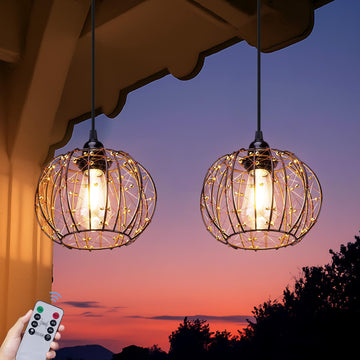 Battery Operated Hanging Chandelier Outdoor, Set of 3 with Remote, No Wiring, Boho Copper Wire Beaded Pendant Light