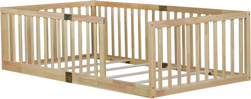 Floor Bed for Kids, Floor Bed with High Fence and Slats, Wooden Montessori Beds for Kids, Natural