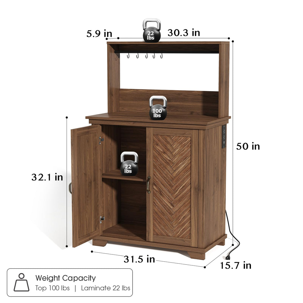 Coffee Bar Cabinet with Storage and Charging Station, Walnut