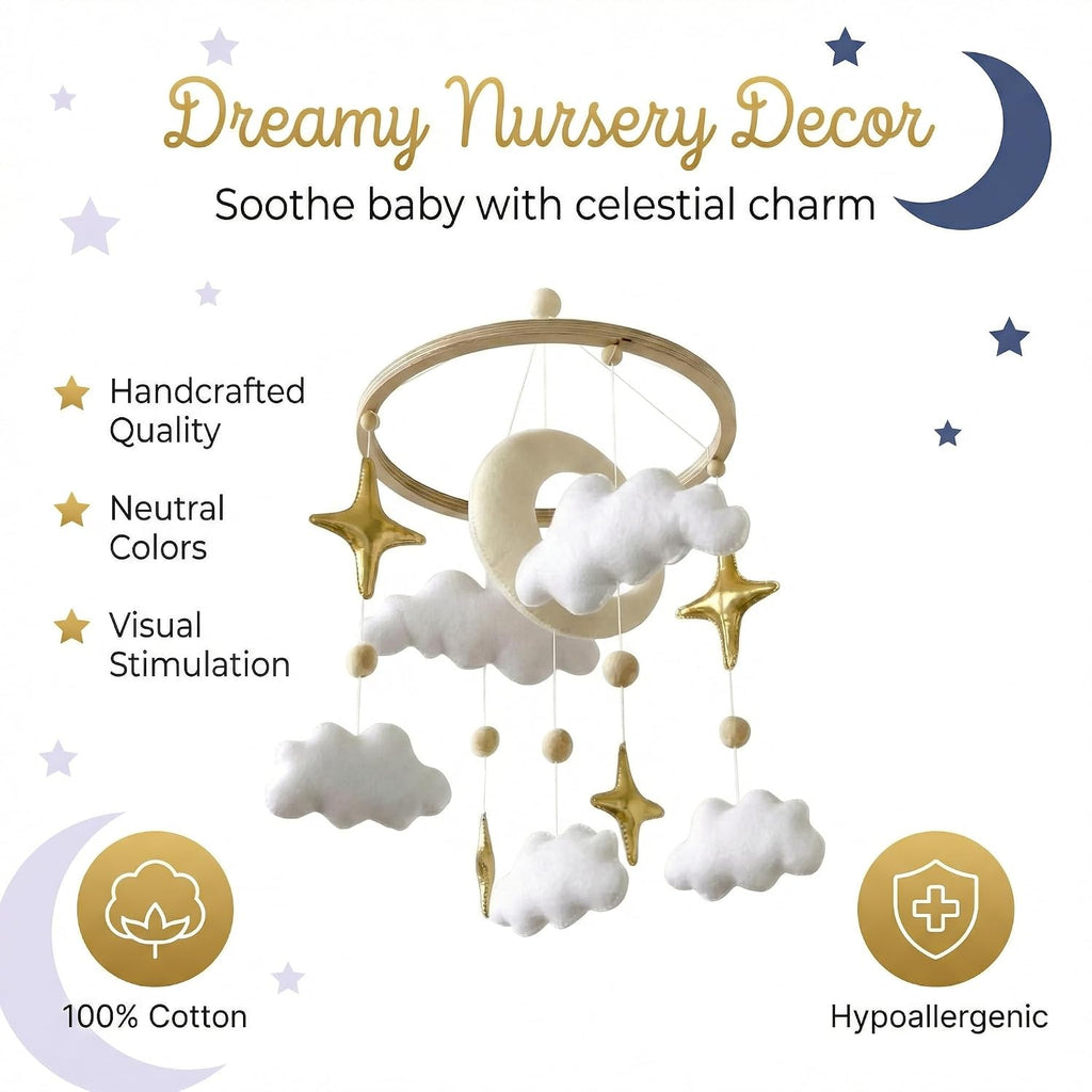 Baby Mobile for Crib - Nursery Decor, Gold Moon, Stars & Clouds