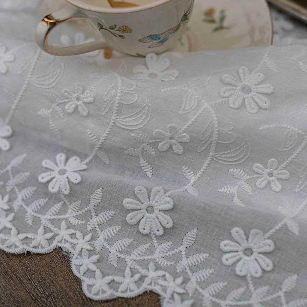 Beige Floral Embroidered Lace Tablecloth, Elegant Scalloped Edge Design, Vintage Farmhouse Style, Pi