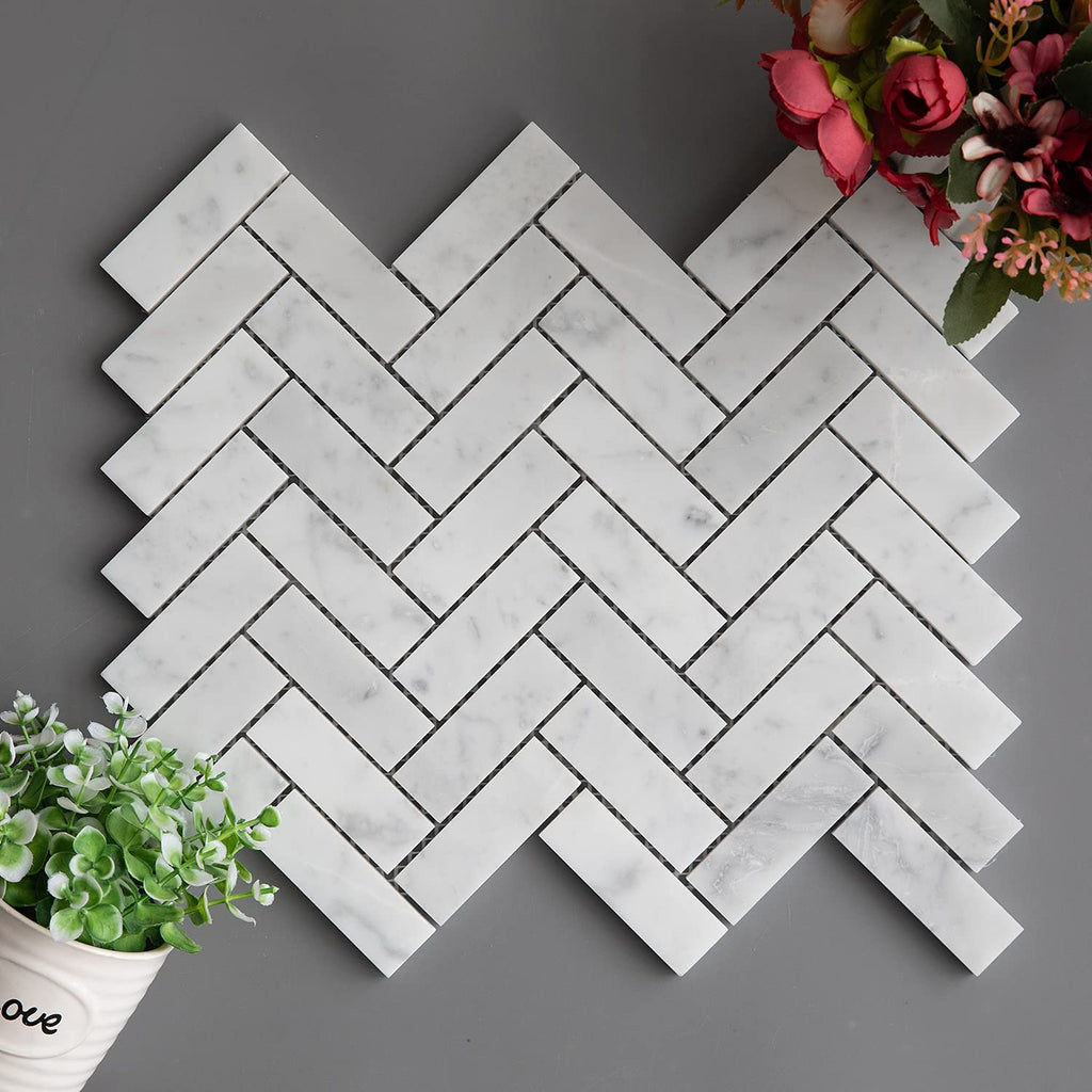 Carrara White Marble Mosaic Tile, Polished Herringbone Italian Bianco Marble Tile for Shower Kitchen Wall Bathroom