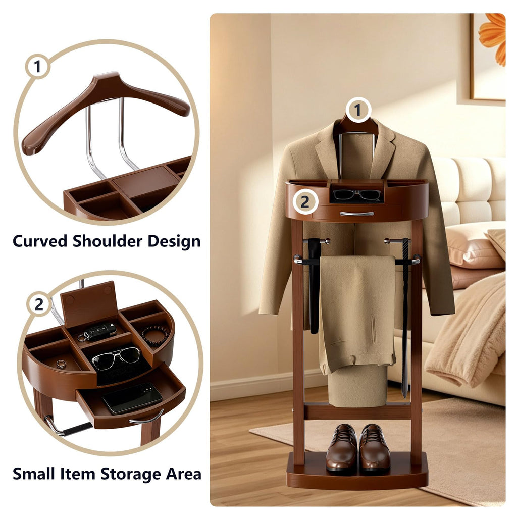 Freestanding Solid Wood Suit Valet Stand with Tie Bar, Suit Stand for men