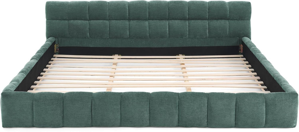 Upholstered Platform Bed Frame with Headboard, Modern Low Profile Grounded Bed Frame, Chunky Fluted Chenille
