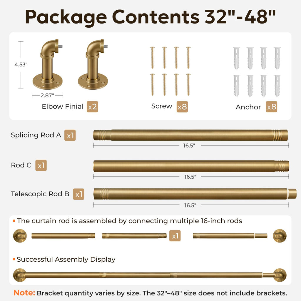 Curtain Rods 32-48", 1 Inch Industrial Brushed Gold Curtain Rod