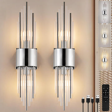 Battery Operated Wall Sconce Set of 2, Modern Crystal Wall Sconces Silver Vanity Wall Light with Frosted Glass