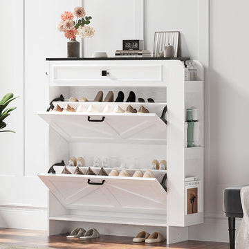 Shoe Storage Cabinet with 2 Flip Drawers & Barn Door, White/Black