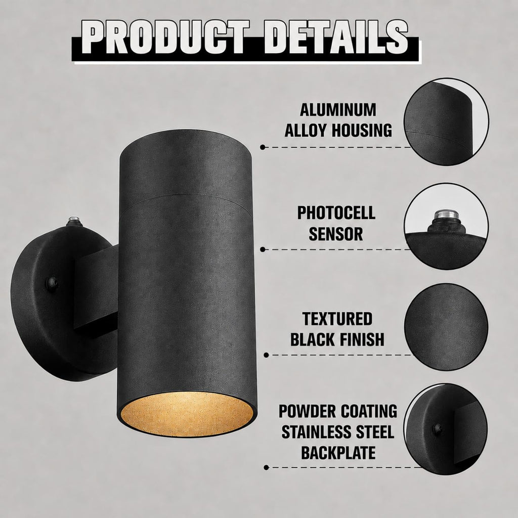 Dusk to Dawn Outdoor Wall Sconce Lights, Cylinder, Black, 1 PK