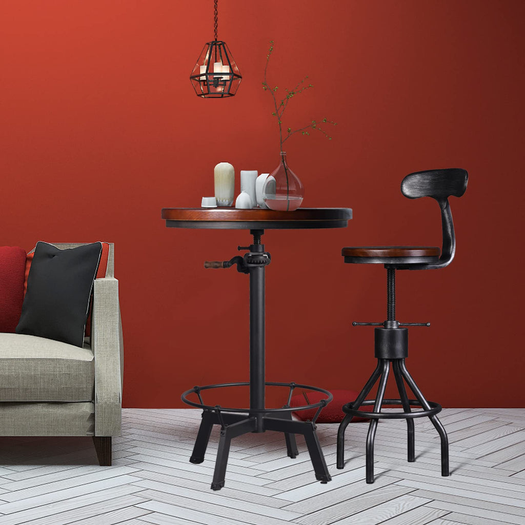 Industrial Bar Table-33.5-39.4 Inch Tall-Adjustable Bar Height Pub Table-23.7 Inch Swivel Round Wood Top Metal