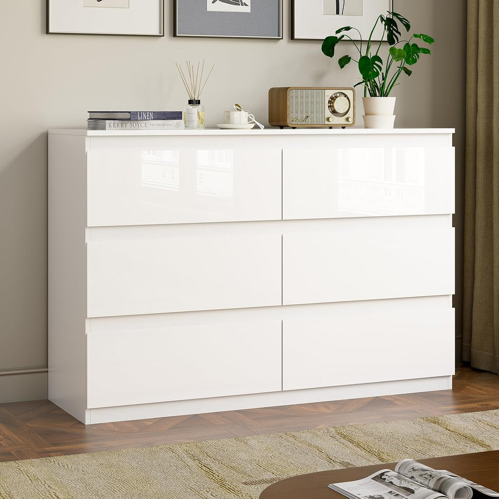 White 6 Drawer Dresser 47" Wide Closet Storage | Wood Dresser, Modern High Gloss, Handle-Free, |TV Stand|Living Room