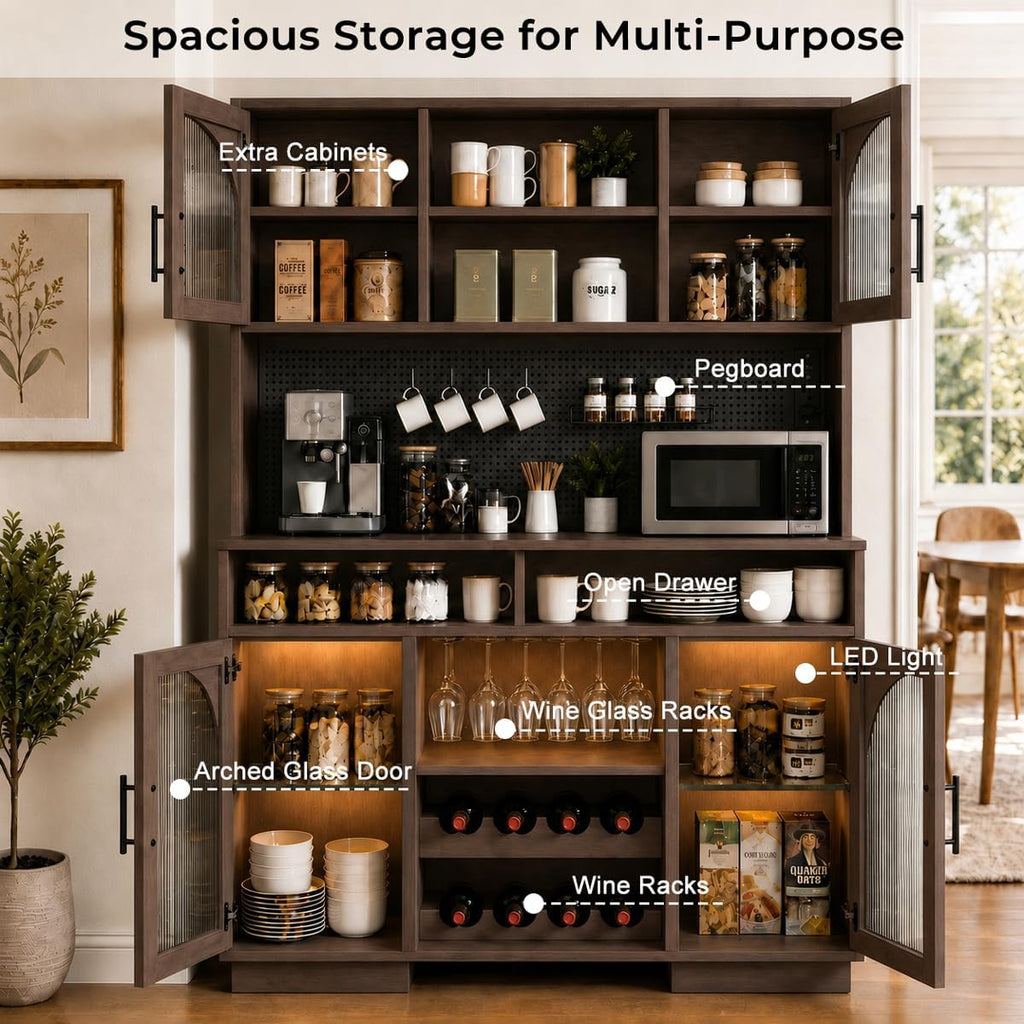 71" Tall Pantry Cabinet with Charging Station, LED Lights & Microwave Stand | 54"W Brown Modern Storage Cabinet with