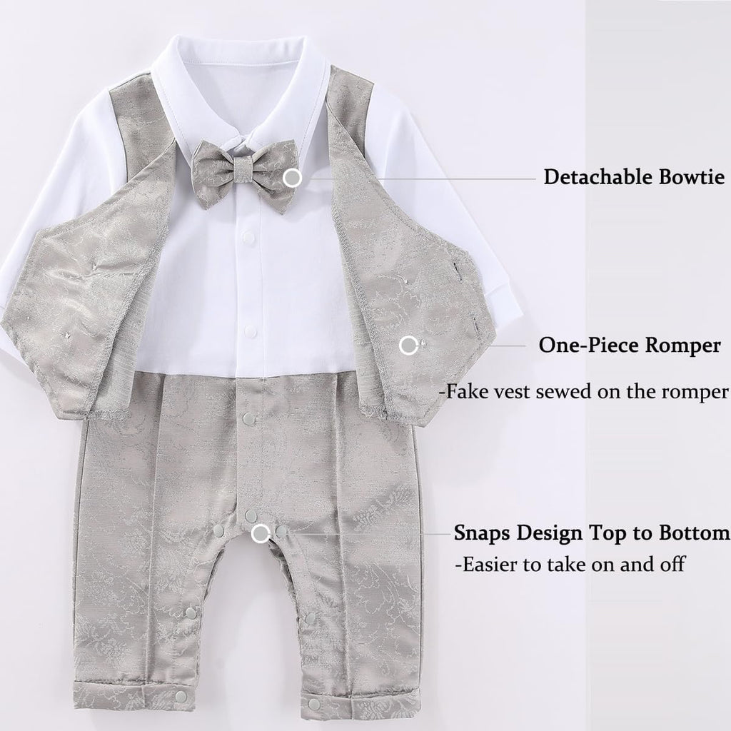 Newborn Baby Boy Gentleman Tuxedo Romper One Piece Long Sleeve Bowtie Outfit Formal Wear Clothes Suit