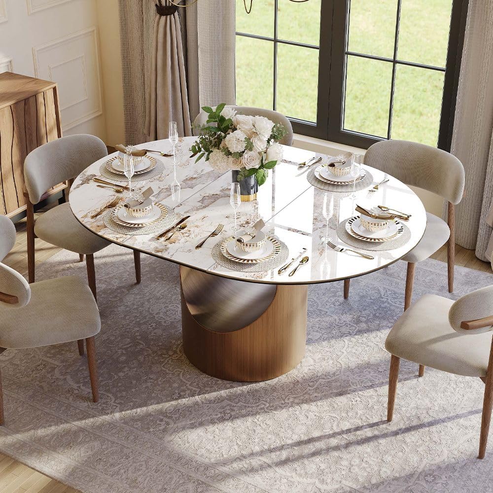 Modern Extendable Dining Table for 4-6, 47" to 63" Round to Oval Sintered Stone Kitchen Table with Carbon Steel Base