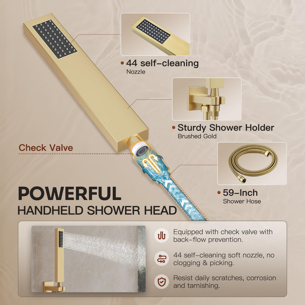 Gold Shower System, All Metal Dual Rain Shower Head with Handheld