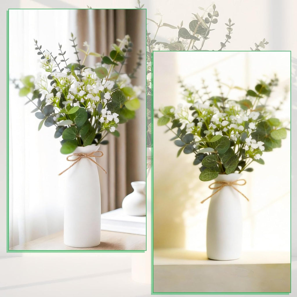 Artificial Flowers in Vase Set, Eucalyptus Stems and Baby's Breath Bundle - Set of 22