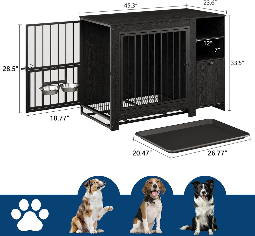 Dog Crate Furniture with Removable Tray and Rotating Bowls