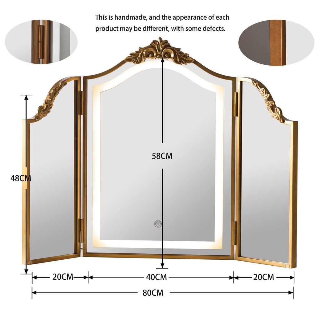 Antique Gold Triple Fold Makeup Mirror with Tri-Color LED Lighting & Dimming, Baroque Carved Arch Vintage Vanity