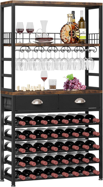 Wine Cabinet with Storage, Wine Rack Freestanding Floor, 6-Tier with Tabletop, Drawer and Wine Storage Bars